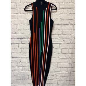 Ms. Bling Black Multicolor Stripe Bodycon Maxi High Neck Sleeveless Zip Back MED